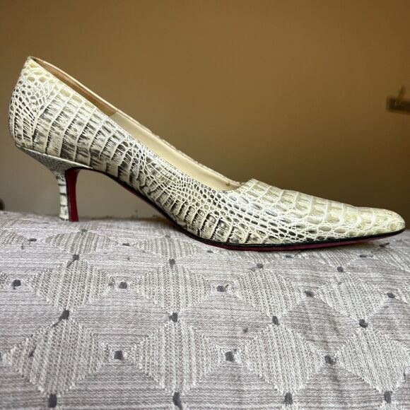 Emanuel Urgaro Paris Embossed Snakeskin Cream Taupe Leather Pumps Pointy Women 8 - Picture 3 of 16
